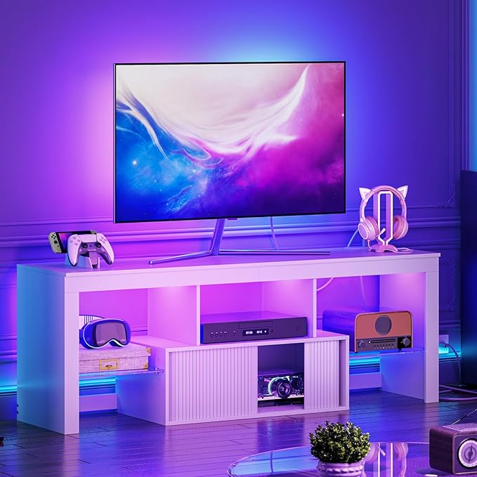 TV Stand with Power Outlet Modern TV Cabinet for 55 60 inch TVs Media TV Console with LED Light Strip Media Entertainment Center with Storage for Living Room Bedroom White MDS02UDWB