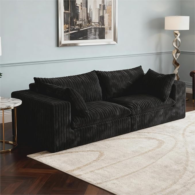 78.8 Modular Cloud Loveseat Couch Corduroy Boneless Couch with Foam &amp Removable Cushion Modern Lounge Sofa in a Box No Assembly Required Upholstered Sofa for Living Room (Black)