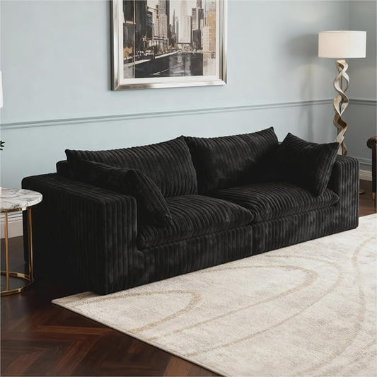 78.8 Modular Cloud Loveseat Couch Corduroy Boneless Couch with Foam &amp Removable Cushion Modern Lounge Sofa in a Box No Assembly Required Upholstered Sofa for Living Room (Black)