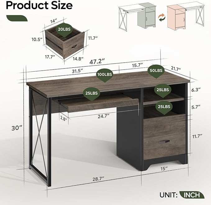 Bestier 47 Office Desk with Drawers Industrial Computer Desk with Drawer Reversible Teacher Desk with Storage &amp Keyboard Tray for Small Space Home Office &amp Studio Gray Wash