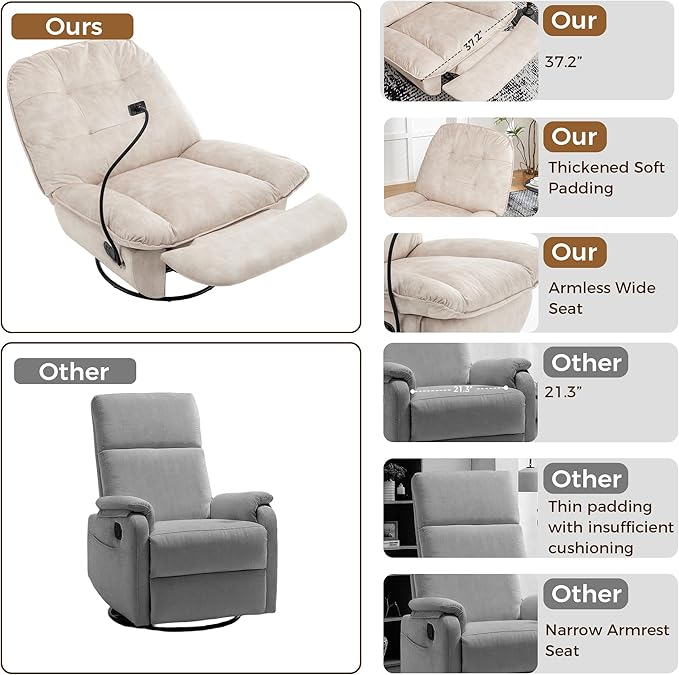 Swivel Rocker Recliner Chair for Adult Glider Nursery Rocking Chair Armless Single Recliner Sofa for Living Room Oversized &amp Overstuffed Phone Holder Included Beige