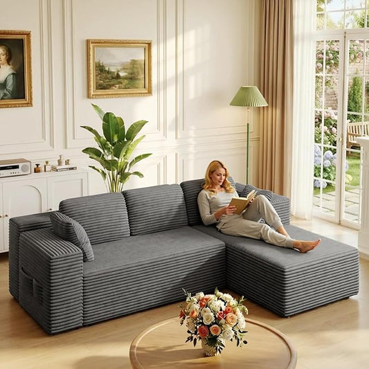 L Shaped Cloud Sectional Couch for Living Room 105 Modern Corduroy Modular Frameless Floor Sofa with Chaise Memory Foam Deep Seat &amp Non-Slip Base No Assembly Required (Grey)