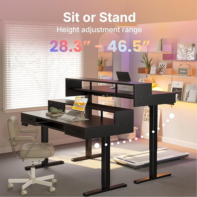 HUANUO 55″ x 26″ Electric Standing Desk with 2 Drawers &amp24.4″ Large Keyboard Tray C-Clamp Mount Compatible Adjustable Computer Desk for Office Sit Stand Up Desk with 4 Height Presets Black