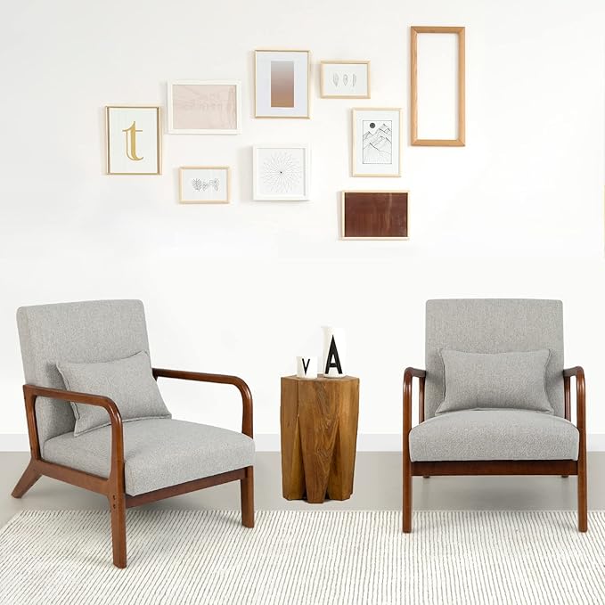GORELAX Mid Century Modern Accent Chair Upholstered Lounge Armchair with Wood Frame &amp Lumbar Pillow Comfy Reading Chair for Living Room Bedroom Office (2 Grey)