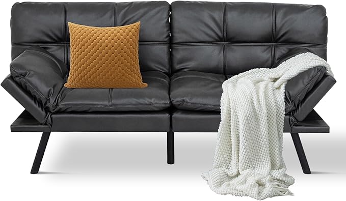 MUUEGM Futon Sofa Bed Convertible CouchMemory Foam Futon Sofa CouchSleeper Futons Sofa CouchesSmall Splitback Modern Loveseat Sofa Bed for Living RoomOfficeApartmentFaux LeatherMatte Black.