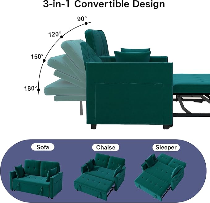 Loveseat Sleeper Sofa Bed Couch: Queen Sleeper Chair Pull Out Bed for Living Room Green Velvet Couch Beds for Small Spaces 3 in 1 Convertible Sofa with Armrests