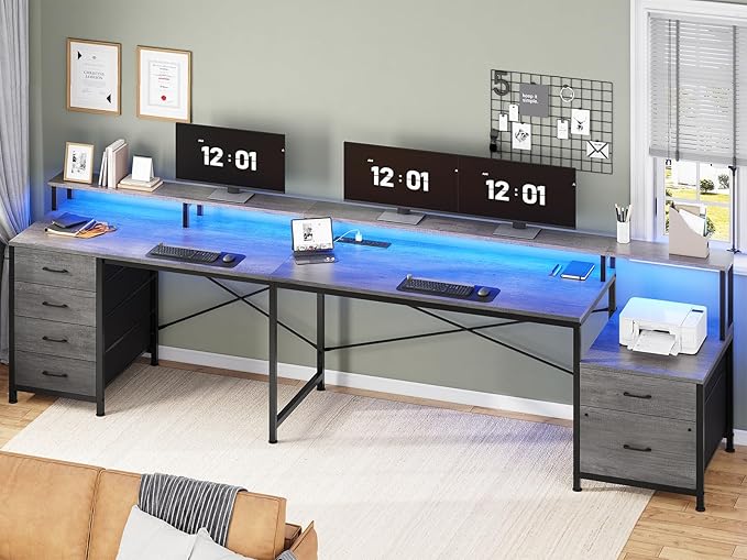 SEDETA L Shaped Desk with 6 Drawer 108 Home Office Desk with File Drawer &amp Power Outlet Corner Computer Desk with Monitor Shelf Two Person Desk Gaming Desk with Led Lights Grey