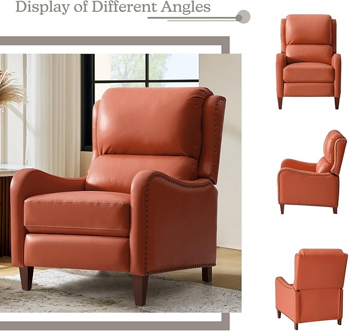 HULALA HOME Genuine Leather Recliner Chair Modern Push Back Recliner Armchair with Thick Seat Backrest &amp Footrest Nailhead Decor for Living Room Bedroom Brick