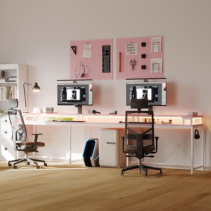 78 Inch Large Computer Desk with Power Outlets &amp USB Ports u Shaped Corner Desk with RGB LED Lights Monitor Stand &amp Storage for Home and Office Pink