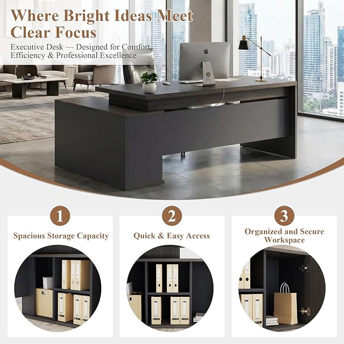 70.8 L-Shaped Executive Desk with File Drawers and Storage Cabinet Modern Large Office Desk Computer Workstation Gray Oak &amp Grey