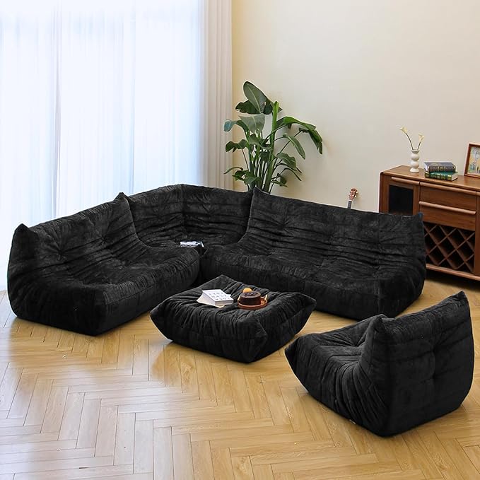 N&ampV Fireside Chair Mid Century Armless Floor Sofa Soft Premium Chenille Floor Lounge Chair Foam Sofa Accent Chair for Living Room Bedroom and Office (Black Corner Chair)