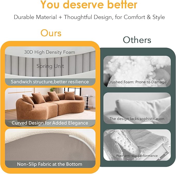 Oversized Sectional Sofa for Living Room 110 Modern Luxury Chenille 4-Seater Extra Deep &amp Wide Seat Curved Cloud Couch with 4 Throw Pillows No Assembly Needed Cream Camel