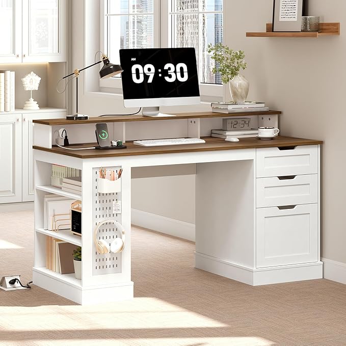 55inch Farmhouse Executive Desk with 2 Drawers and File Cabinet Computer Desk with 3-Tier Storage Shelves Home Office Desk with Charging Station Pegboard and Monitor Shelf White and Walnut
