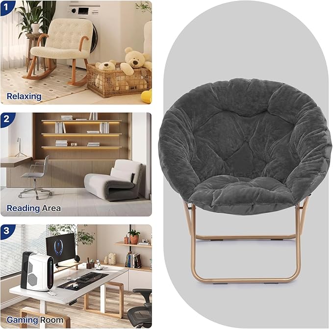 Round Saucer Chair for Teens and Adults Faux Fur Folding Living Room Cozy Moon Chair (Gray)