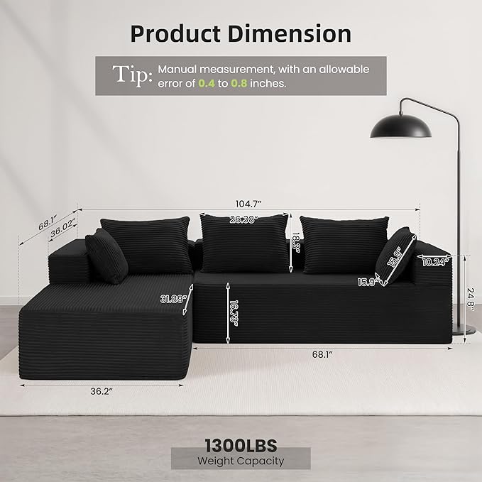 105 Modular Sectional Couches for Living RoomBoneless Couch with L-Shape ChaiseComfy Corduroy Sectional SofaNo Assembly RequiredBedroom Black