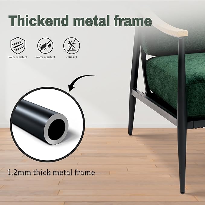 Modern Accent Chairs Set of 2 for Living Room Bedroom Mid Century Arm Chairs Upholstered Office Accent Chairs Comfy Waiting Room Chairs with Metal Frame Green