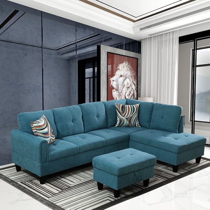 Green L-Shaped 3-Piece Flannel Sofa with Storage Ottoman Set Sectional Couch Sofa Set for Living Room Office Small Space