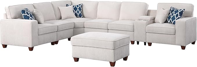 Ball &amp Cast 127 L-Shaped Sectional Couches for Living Room with Movable Ottoman2 Cup Holders &amp USB Ports7 Seat Chenille Upholstered Sofa W/6 Throw Pillows &amp Hidden Storage BoxDIY Combi