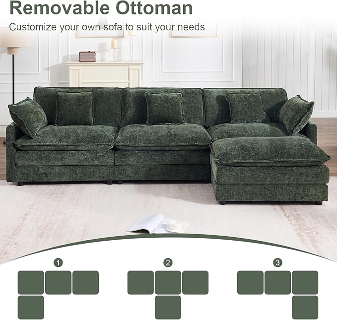 111.5 L Shaped Couch with Ottoman Chenille Cloud Sectional Sofas Modern Modular Sectional Sofa Deep 4 Seat Couches for Living Room Apartment Office Green
