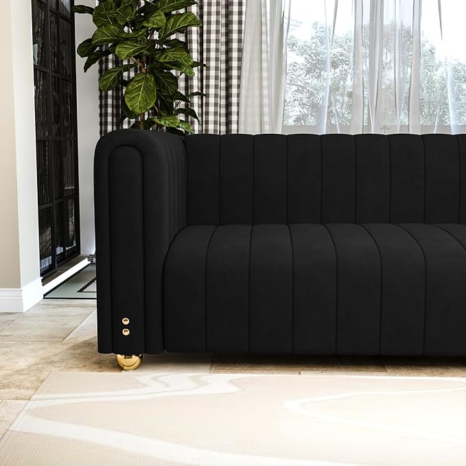 81.3 Modern Black Velvet Couch for Living Room Upholstered Comfy 3 Seater Office Sofa with High Armrest and Gold Metal Legs (Black 81)