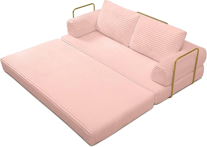 80 Convertible Sofa Bed Modern Corduroy Sleeper Sofa Folding Floor Couch with Golden Fixed-Shape Frame Pink Boneless Loveseat Sofas Bed for Living Room Bedroom No Assembly Needed