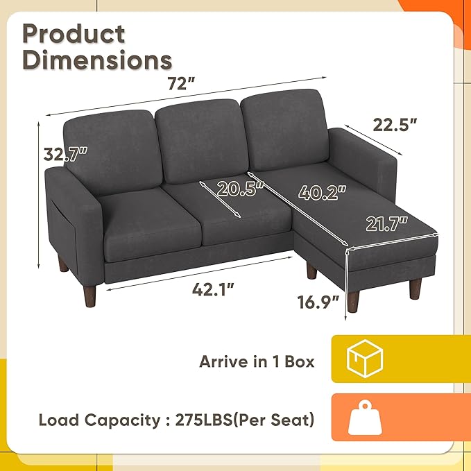 YESHOMY Couch for Living Room Small L-Shaped Couch with Convertible Chaise Comfy Sectional Sofa with Ottoman and Side Pockets for Small SpaceDark Grey