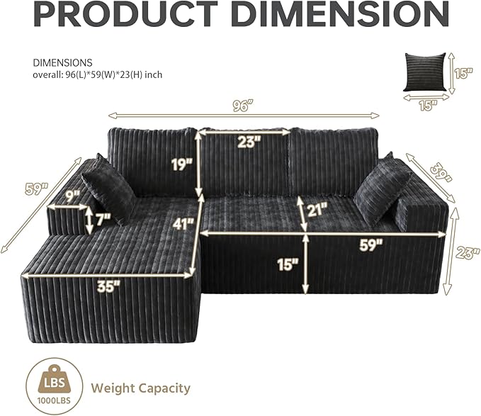 96 Cloud Sectional Couch with L-Shape Chaise4 Seat Modern Modular Sofa with Side PocketsUpholstered Couches for Living Room Bedroom Boneless CouchNo Assembly Required