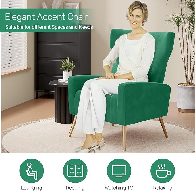 Velvet Accent Chair Wingback for Living Room High Back Arm Chair with Golden Legs Lumbar Pillow Upholstered Single Sofa Bedroom Green
