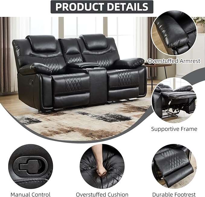 EBELLO Faux Leather Manual Loveseat Recliner Comfortable Armrest 2 Seat Recliner Sofa with Center Console Hidden Storage and Cup Holders Reclining Couch for Living Room Black (Loveseat)