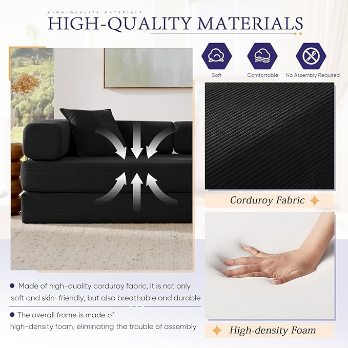 Convertible Folding Sofa Bed Corduroy Sleeper Mattress Couch with Fixed-Shape Frame Free Combination Loveseat Lounge Floor Sofa Queen Size Memory Foam Couch for Living Room Bedroom Carbon Black