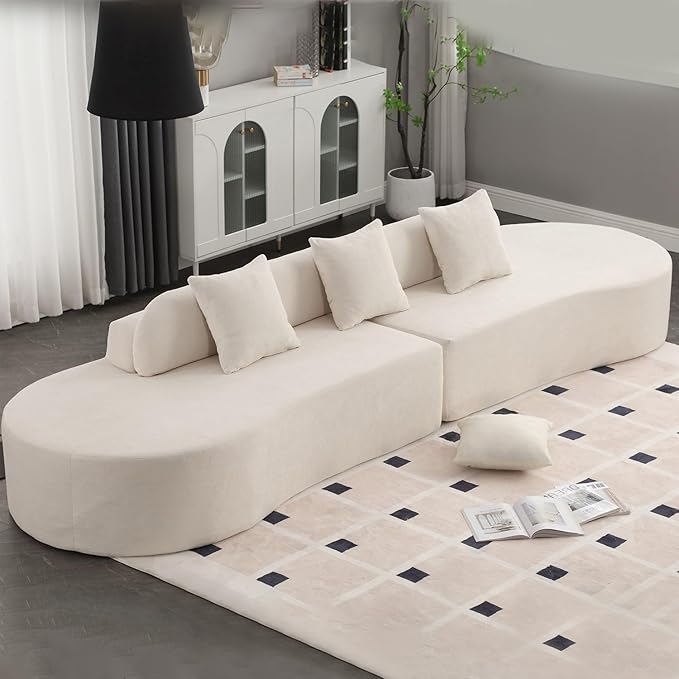 130.5” Curved Sofa for Living Room Cloud Sectional Couch Modern Boneless Lounge Sofa 4-Seater Beige Oversized Compressed Couch with 3 Pillows for Apartment Bedroom Office