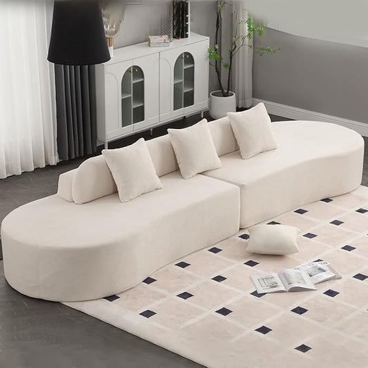130.5” Curved Sofa for Living Room Cloud Sectional Couch Modern Boneless Lounge Sofa 4-Seater Beige Oversized Compressed Couch with 3 Pillows for Apartment Bedroom Office