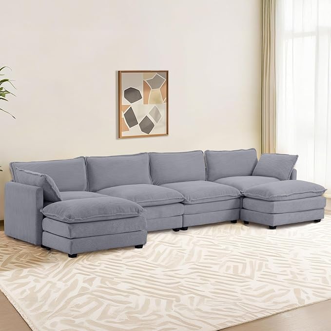 Modular Sectional Sofa 148 U-Shaped Sectional Couches for Living Room 6 Seat Modern Corduroy Cloud Couch with 2 Ottoman for Bedroom Office Apartment Dark Grey