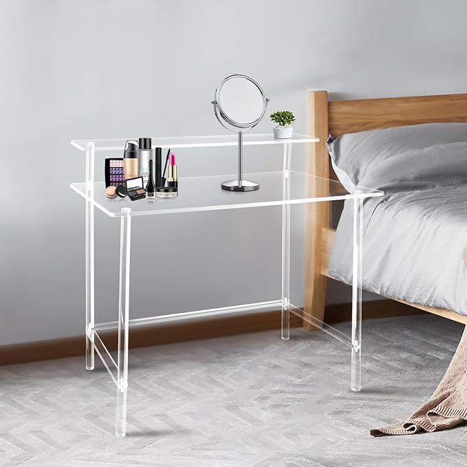 Double Acrylic Desk Home Office Desk Modern Minimalist Transparent Desk Writing Desk Transparent Desk with Monitor Stand for Office Living Room