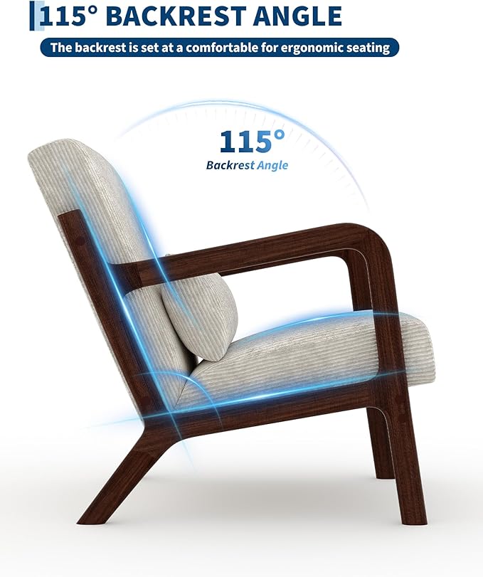 Garvee Mid-Century Modern Accent Chair Wide-Wale Corduroy Upholstery Solid Wood Armchair with Removable Lumbar Pillow Sturdy Reading Chair for Living Room Bedroom Guest Room Easy Assembly Beige