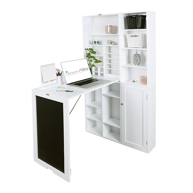 Utopia Alley Collapsible Fold Down Desk Table | Computer Desk with Large Storage Cabinet &amp Bottom Shelves Stylish Furniture for Home Office Crafting and More (White)