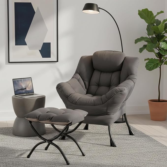 Lazy Chair with Ottoman Modern Accent Chair Contemporary Sofa Chair with Armrests Reading Chair and Folding Footstool Set for Living Room Bedroom Office Dark Grey
