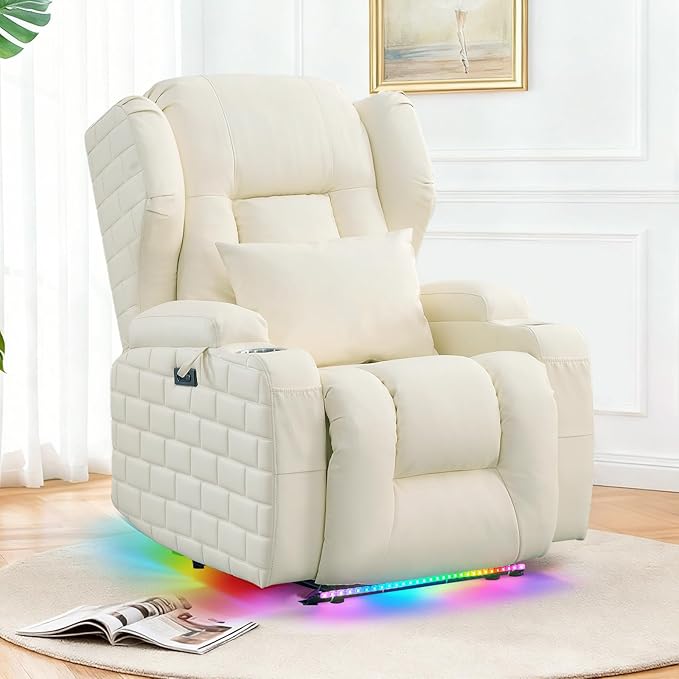 Wall Hugger Power Recliner Chair with Massage &amp Heat Electric Home Theater Reclining Chair with Cup Holder USB Port LED Light Faux Leather Living Room Chair (Beige White Single)