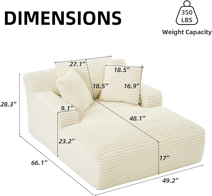 Oversized Chaise Lounge Chair Indoor Corduroy Sofa Bed with Throw Pillows Recliner Chair Comfy Large Deep Seat Sofa Couch for Living Room Bedroom Apartment (White)