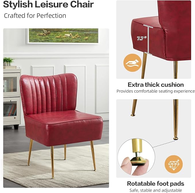 Modern PU Leather Accent Chair Upholstered Armless Wingback Side Chair with Golden Legs Comfy Single Sofa Cute Slipper Corner Chair for Living Room Bedroom Entryway Wine Red