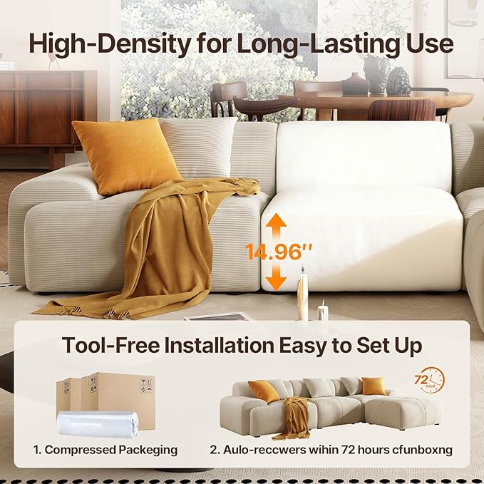 113 Modern L-Shaped Modular Sectional Sofa for Living Room Corduroy Upholstery Beige 3-Seater Cloud Couchand Movable Ottoman – No Assembly Beige