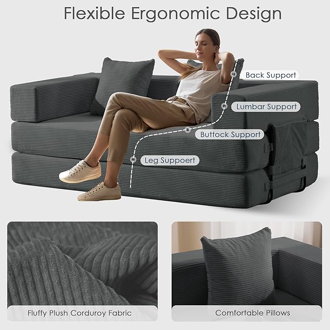 Convertible Sleep Sofa Bed with Armrests and Backrest Corduroy Folding Couch with 2 Pillow Modular Sectional for Living Room Bedroom Studio-No Assembly NeededGrey