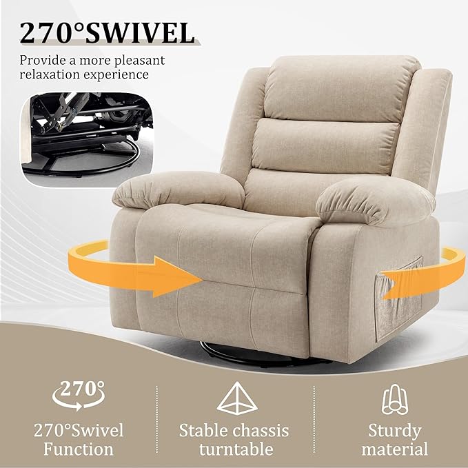 Power Recliner Chair Electric Rocker Recliner with Massage and Heat 270° Swivel Glider Oversized Wide Seat with USB Port Cashmere Nursery Chair for Living Room Khaki