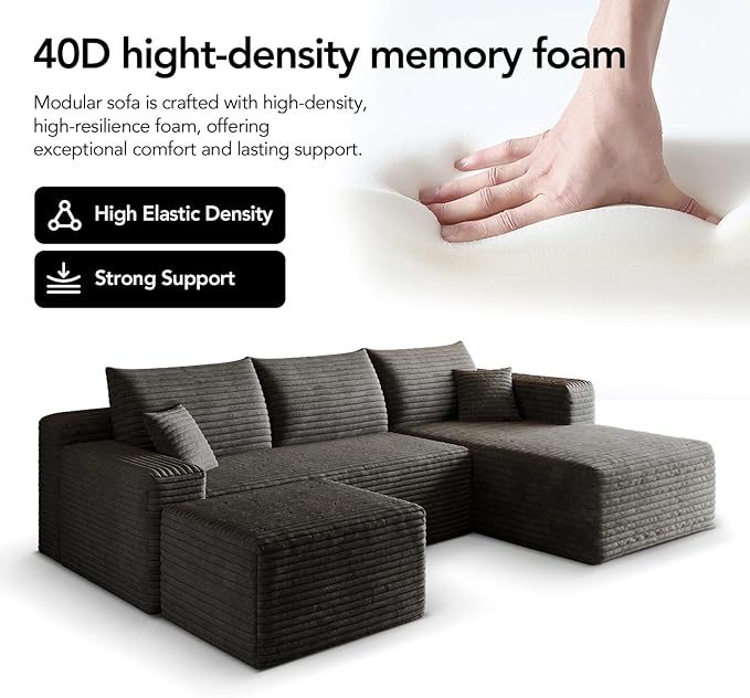 96 U-Shape Boneless Modular Sectional Cloud Couch with Chaise -Modern Comfy Corduroy couches for Living Room-Memory Foam SofaNo Assembly Required(Dark Grey96 Right Facing Chaise+Ottoman)