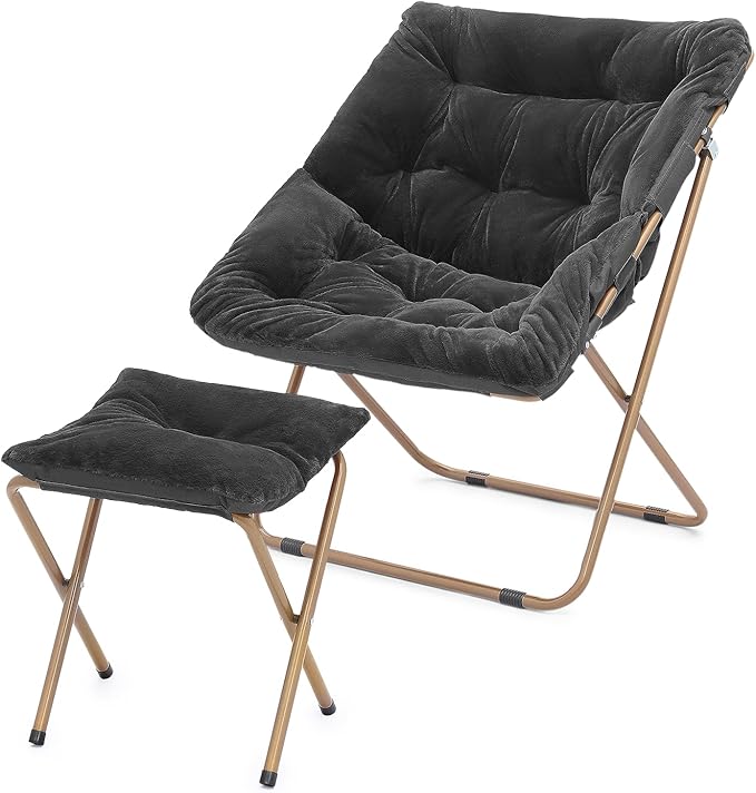 Athena Collection Comfy Saucer Chair and Ottoman Set for Adult Comfortable Faux Fur Square Oversize Folding Reading Chair with Metal Leg Lazy and Cozy for Bedroom Living Room Black