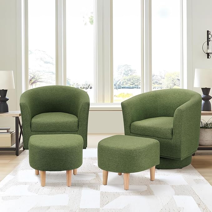 DAZONE Accent Chairs Set of 2 Green Barrel Chair with Ottoman Comfy Armchair for Small Spaces 360° Modern Fabric Lounge Chair for Living Room Bedroom Reading Nook Home Office