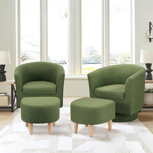 DAZONE Accent Chairs Set of 2 Green Barrel Chair with Ottoman Comfy Armchair for Small Spaces 360° Modern Fabric Lounge Chair for Living Room Bedroom Reading Nook Home Office