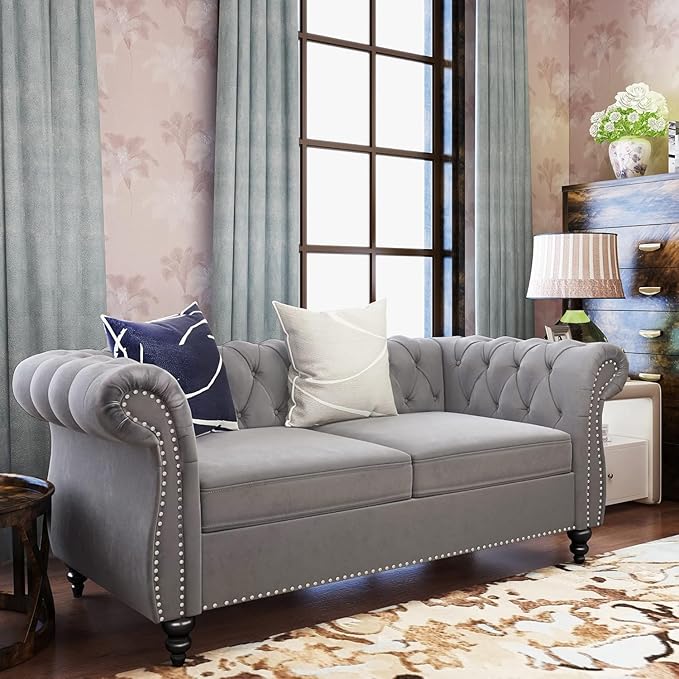 Chesterfield Loveseat Sofa Modern Velvet Small Sofa Couch 2 Seater with Rolled Arms and Nailhead Mid Century Modern Loveseat Couch for Small Spaces Living Room Bedroom Apartment Grey