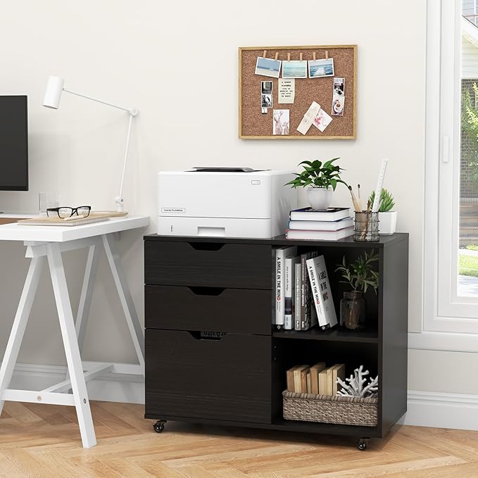 3 Drawer File Cabinet Wood Lateral Filing Cabinet for Hanging Letter A4 Legal Size Rolling Printer Stand with Adjustable Shelf Under Desk Storage for Home Office (Black)