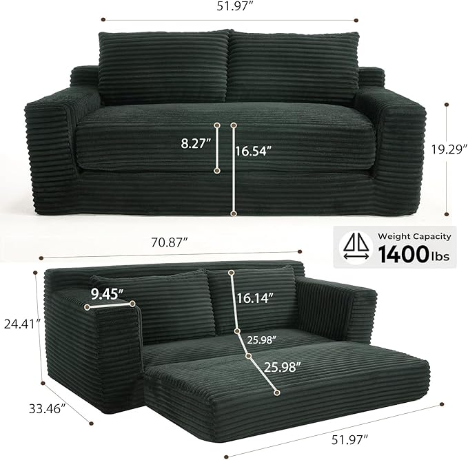 70.87 W Memory Foam Cloud Loveseat Sofa 2 in 1 Convertible Folding Couch Bed No Assembly Compressed Corduroy Floor Lounge Sofa for Apartment Office Bedroom Living Room Small Spaces